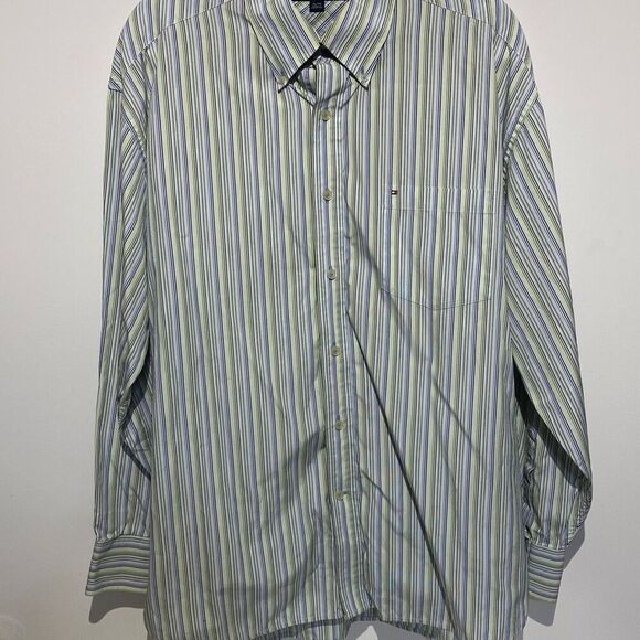 Tommy Hilfiger Men's Striped Button-Down Dress Shirt Blue/Green Size XL - Picture 1 of 7
